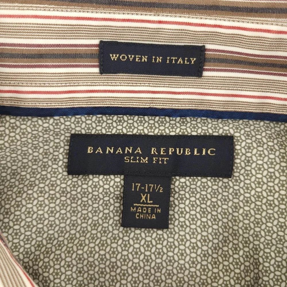 Banana Republic Dress Shirt Mens 17.5 34/35 Brown Stripe Slim Fit Italian Fabric